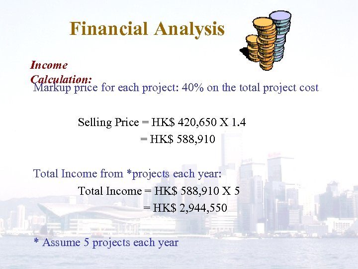 Financial Analysis Income Calculation: Markup price for each project: 40% on the total project