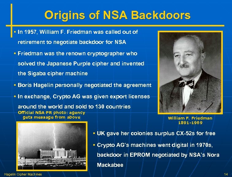 Origins of NSA Backdoors § In 1957, William F. Friedman was called out of