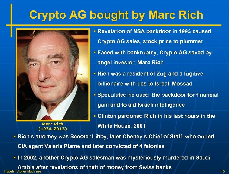 Crypto AG bought by Marc Rich § Revelation of NSA backdoor in 1993 caused