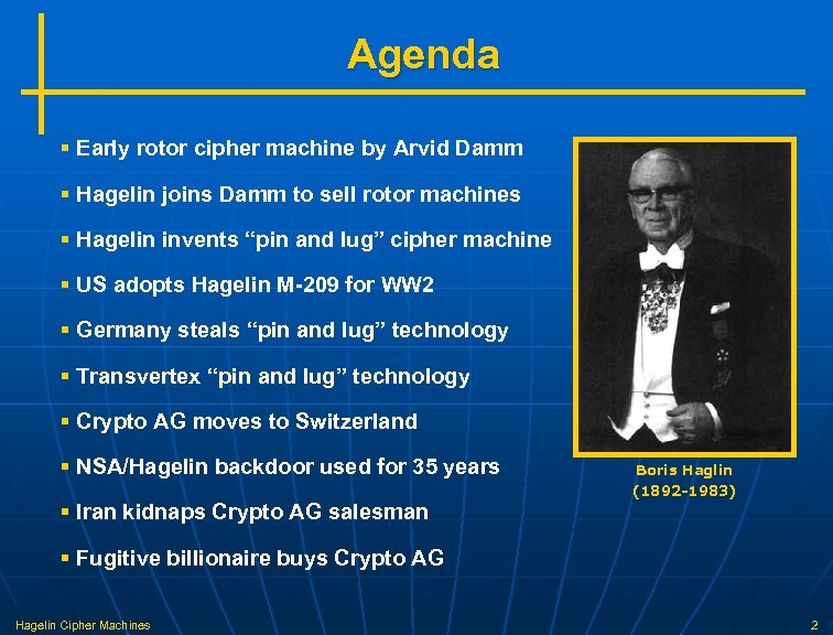 Agenda § Early rotor cipher machine by Arvid Damm § Hagelin joins Damm to