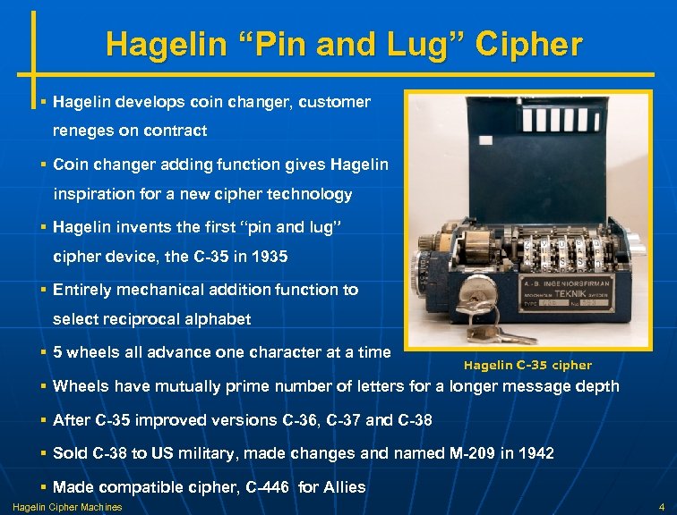 Hagelin “Pin and Lug” Cipher § Hagelin develops coin changer, customer reneges on contract