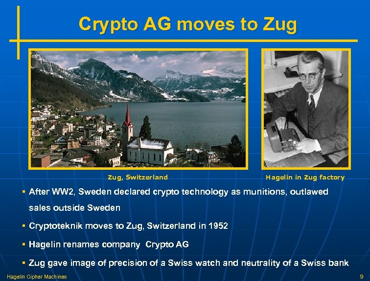 Crypto AG moves to Zug, Switzerland Hagelin in Zug factory § After WW 2,