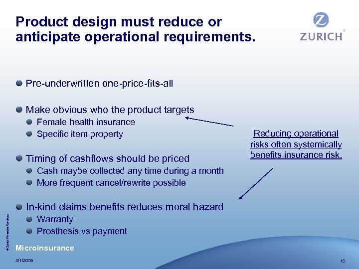 Product design must reduce or anticipate operational requirements. Pre-underwritten one-price-fits-all Make obvious who the