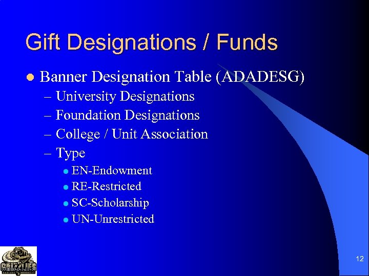 Gift Designations / Funds l Banner Designation Table (ADADESG) – University Designations – Foundation