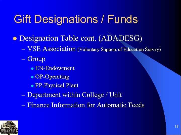 Gift Designations / Funds l Designation Table cont. (ADADESG) – VSE Association (Voluntary Support