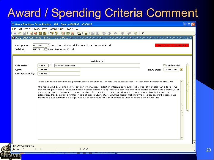 Award / Spending Criteria Comment 23 