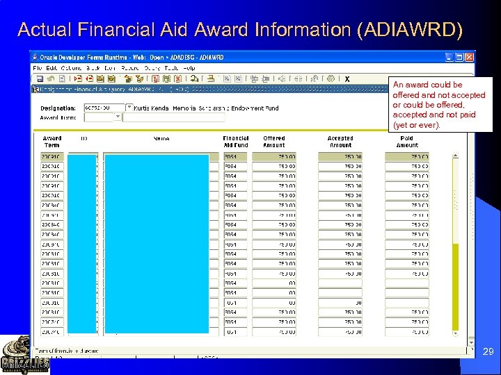 Actual Financial Aid Award Information (ADIAWRD) An award could be offered and not accepted