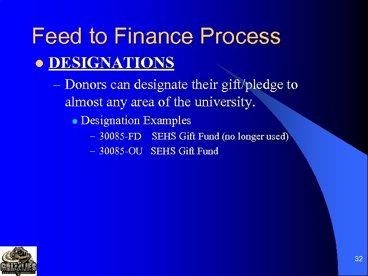 Feed to Finance Process l DESIGNATIONS – Donors can designate their gift/pledge to almost