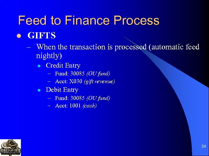 Feed to Finance Process l GIFTS – When the transaction is processed (automatic feed
