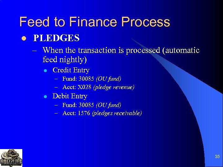 Feed to Finance Process l PLEDGES – When the transaction is processed (automatic feed