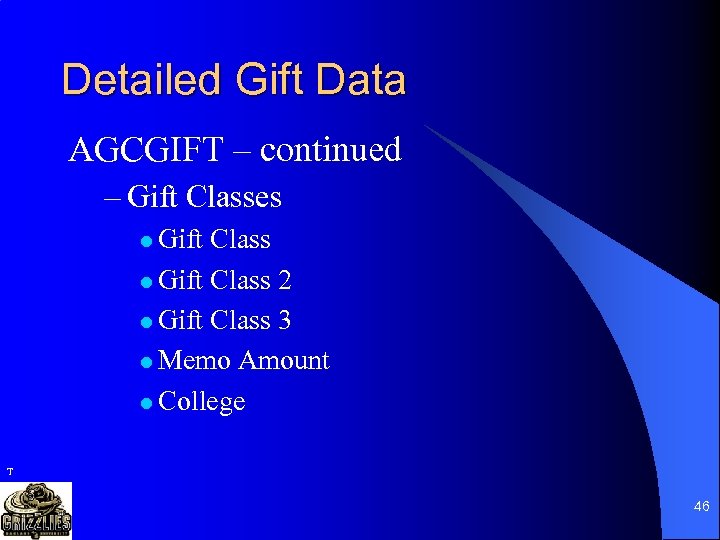 Detailed Gift Data AGCGIFT – continued – Gift Classes l Gift Class 2 l