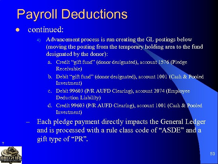 Payroll Deductions l continued: 4) Advancement process is run creating the GL postings below