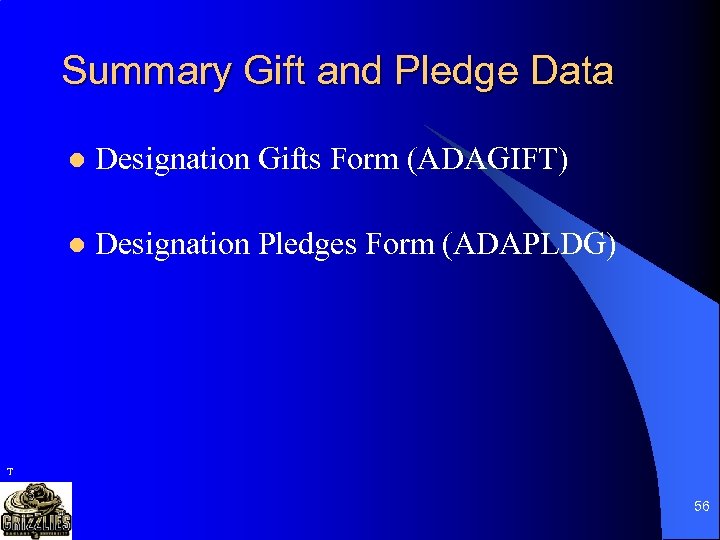 Summary Gift and Pledge Data l Designation Gifts Form (ADAGIFT) l Designation Pledges Form