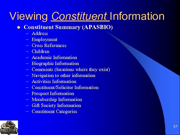 Viewing Constituent Information l Constituent Summary (APASBIO) – – – – Address Employment Cross