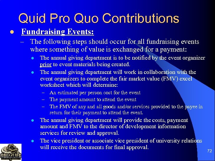 Quid Pro Quo Contributions l Fundraising Events: – The following steps should occur for
