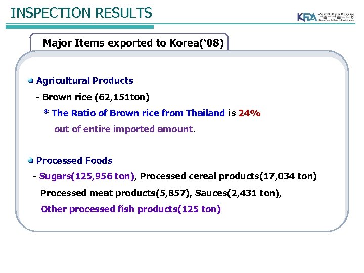 INSPECTION RESULTS Major Items exported to Korea(‘ 08) Agricultural Products - Brown rice (62,