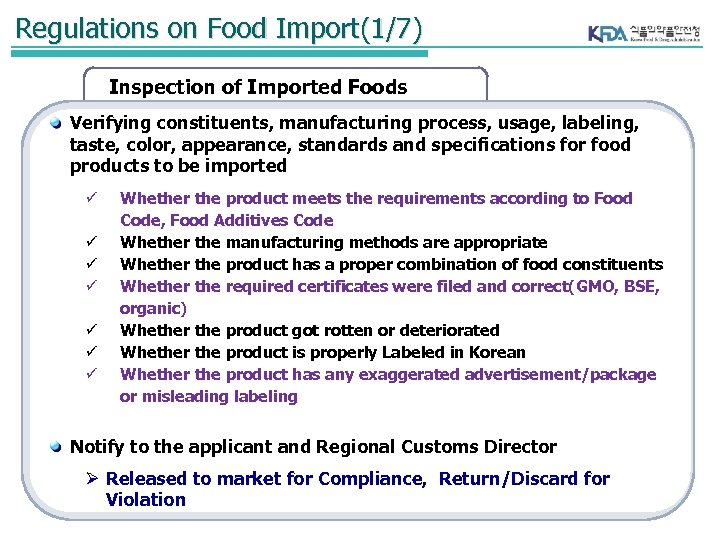 Regulations on Food Import(1/7) Inspection of Imported Foods Verifying constituents, manufacturing process, usage, labeling,