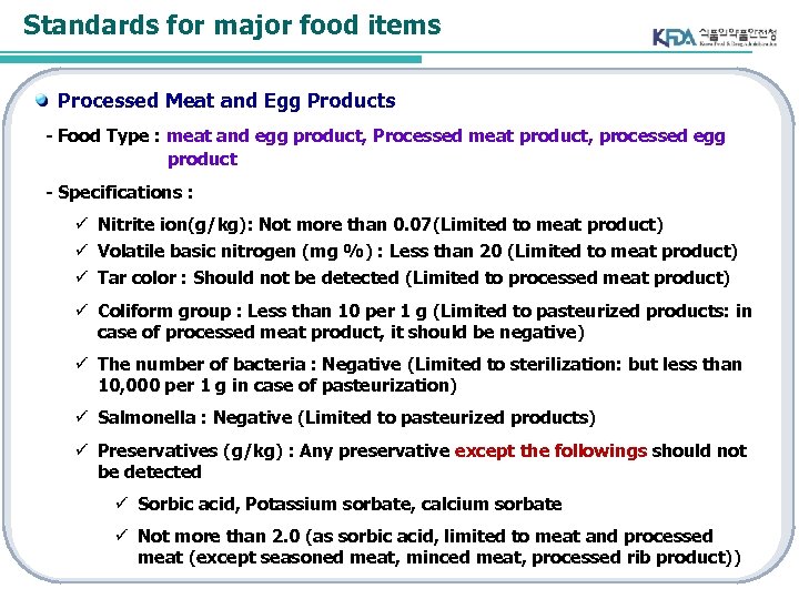 Standards for major food items Processed Meat and Egg Products - Food Type :