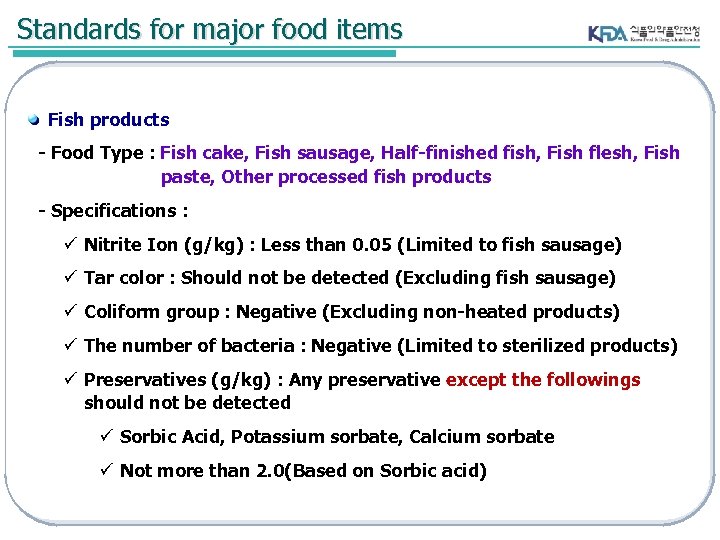 Standards for major food items Fish products - Food Type : Fish cake, Fish