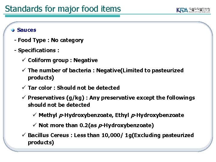 Standards for major food items Sauces - Food Type : No category - Specifications