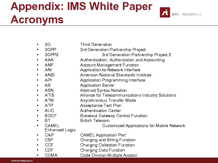 Appendix: IMS White Paper Acronyms • • • • • • www. sti-innsbruck. at