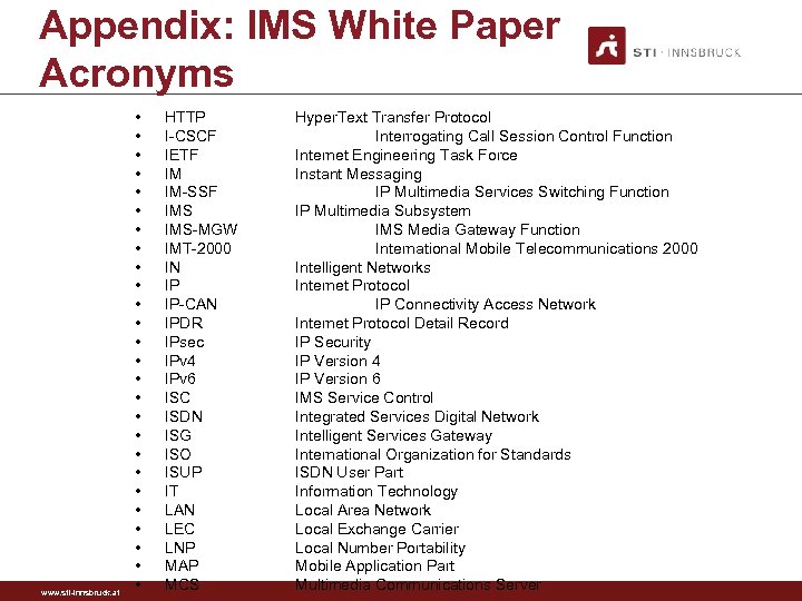 Appendix: IMS White Paper Acronyms www. sti-innsbruck. at • • • • • •