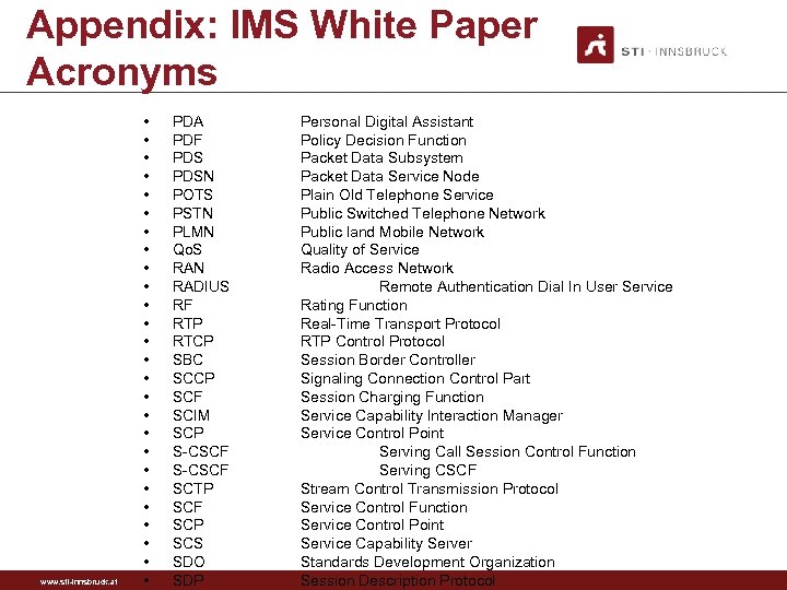 Appendix: IMS White Paper Acronyms www. sti-innsbruck. at • • • • • •