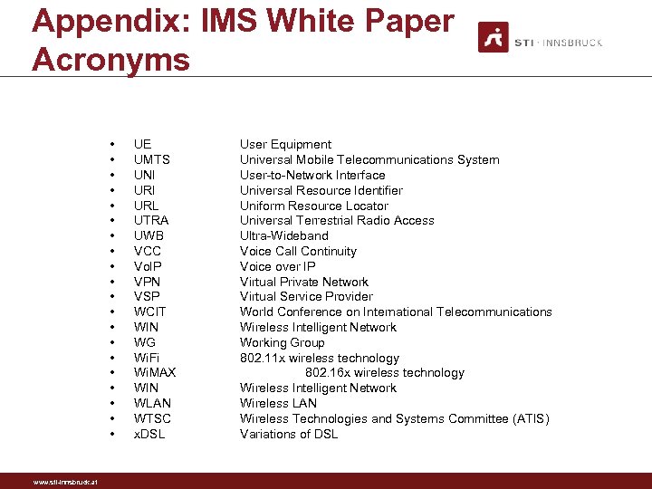 Appendix: IMS White Paper Acronyms • • • • • www. sti-innsbruck. at UE