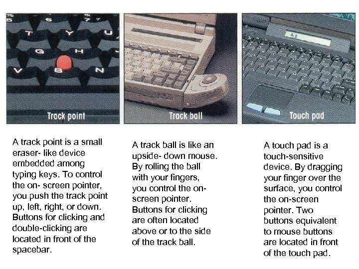 A track point is a small eraser- like device embedded among typing keys. To