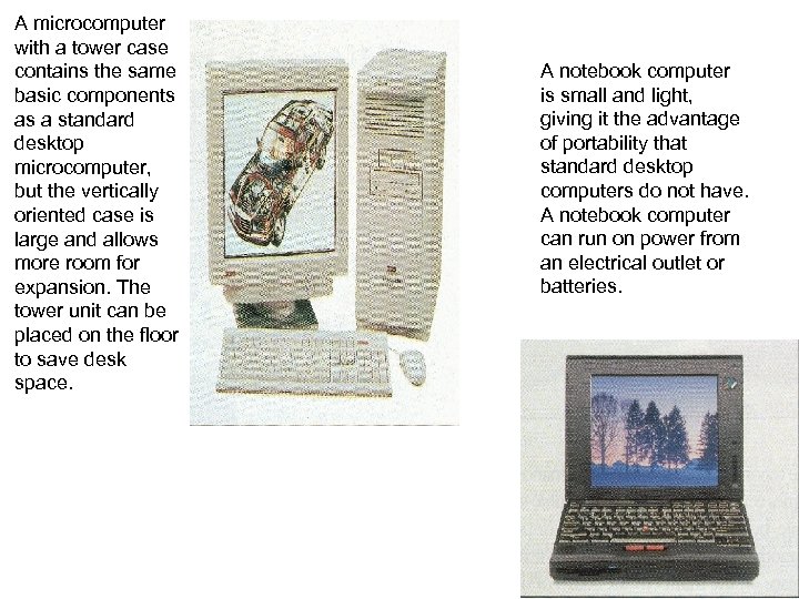 A microcomputer with a tower case contains the same basic components as a standard