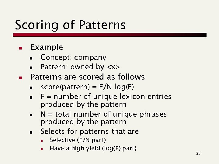Scoring of Patterns n Example n n n Concept: company Pattern: owned by <x>