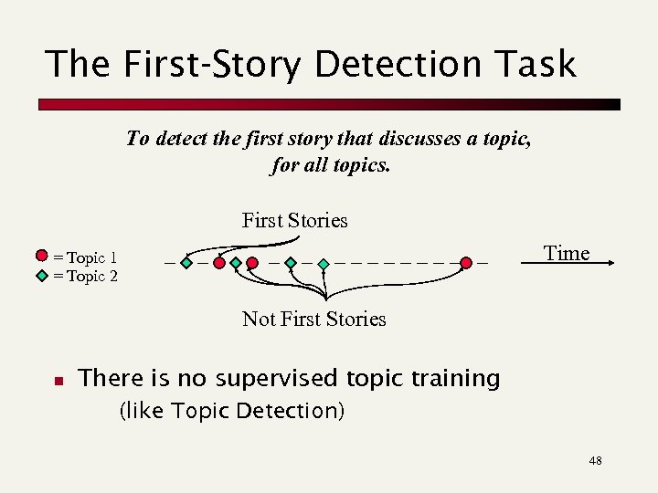 The First-Story Detection Task To detect the first story that discusses a topic, for