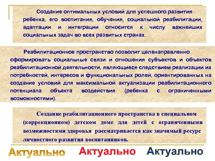 Создание оптимальных условий для успешного развития ребенка, его воспитания, обучения, социальной реабилитации, адаптации и