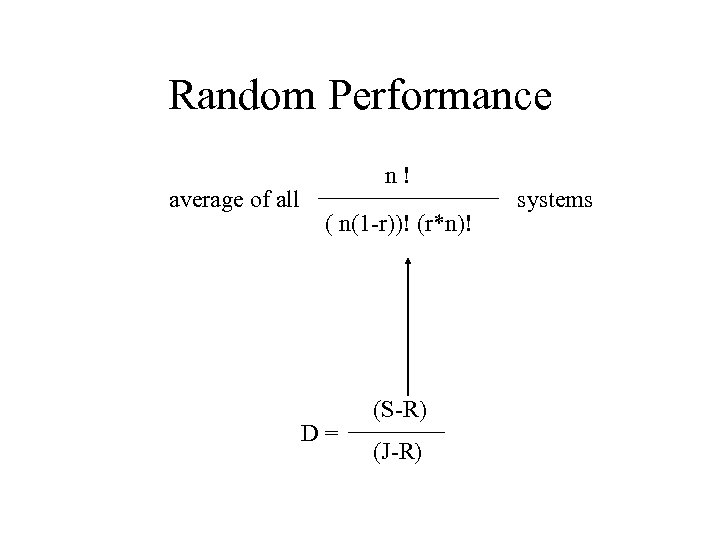 Random Performance average of all n! ( n(1 -r))! (r*n)! D= (S-R) (J-R) systems