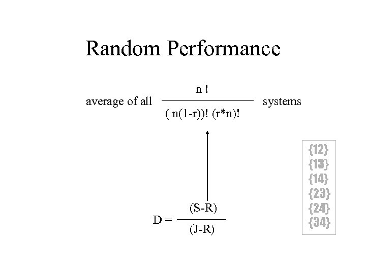 Random Performance average of all n! ( n(1 -r))! (r*n)! D= (S-R) (J-R) systems