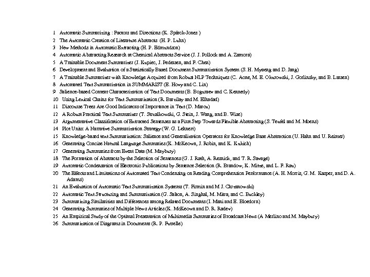 1 Automatic Summarizing : Factors and Directions (K. Spärck-Jones ) 2 The Automatic Creation