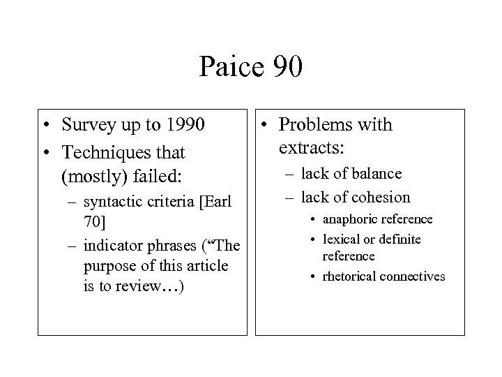 Paice 90 • Survey up to 1990 • Techniques that (mostly) failed: – syntactic