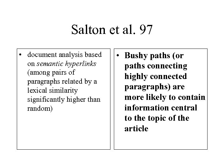 Salton et al. 97 • document analysis based on semantic hyperlinks (among pairs of