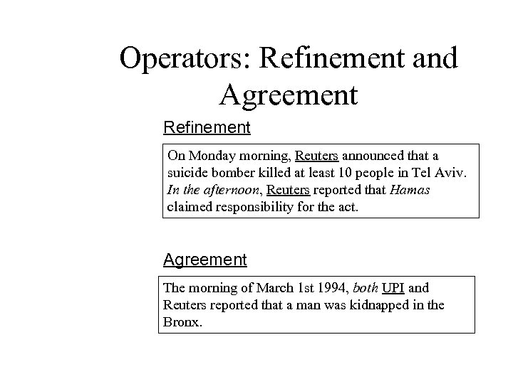 Operators: Refinement and Agreement Refinement On Monday morning, Reuters announced that a suicide bomber