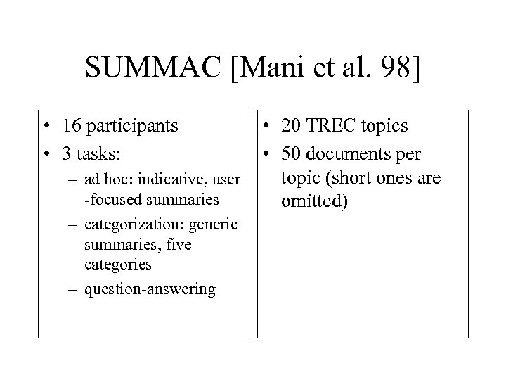 SUMMAC [Mani et al. 98] • 16 participants • 3 tasks: – ad hoc: