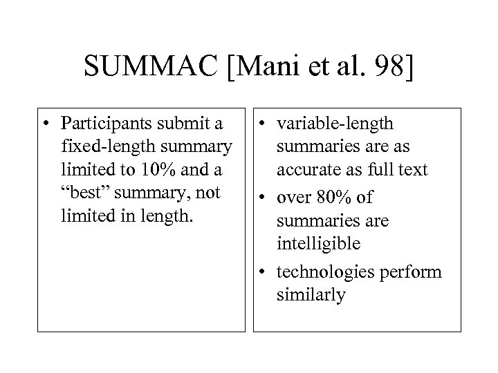 SUMMAC [Mani et al. 98] • Participants submit a fixed-length summary limited to 10%