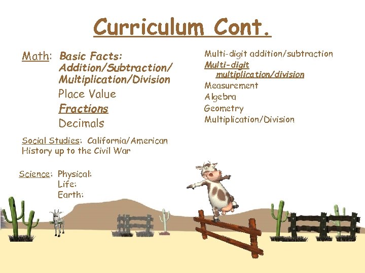 Curriculum Cont. Math: Basic Facts: Addition/Subtraction/ Multiplication/Division Place Value Fractions Decimals Social Studies: California/American