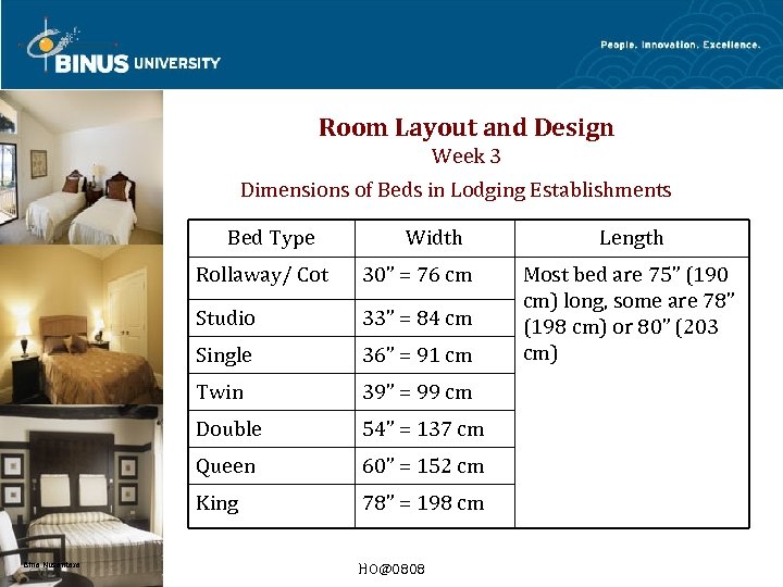 Room Layout and Design Week 3 Dimensions of Beds in Lodging Establishments Bed Type