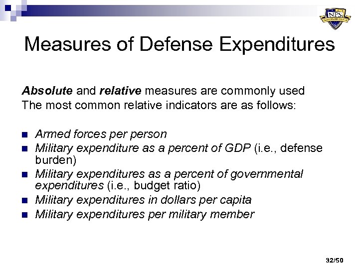 Measures of Defense Expenditures Absolute and relative measures are commonly used The most common