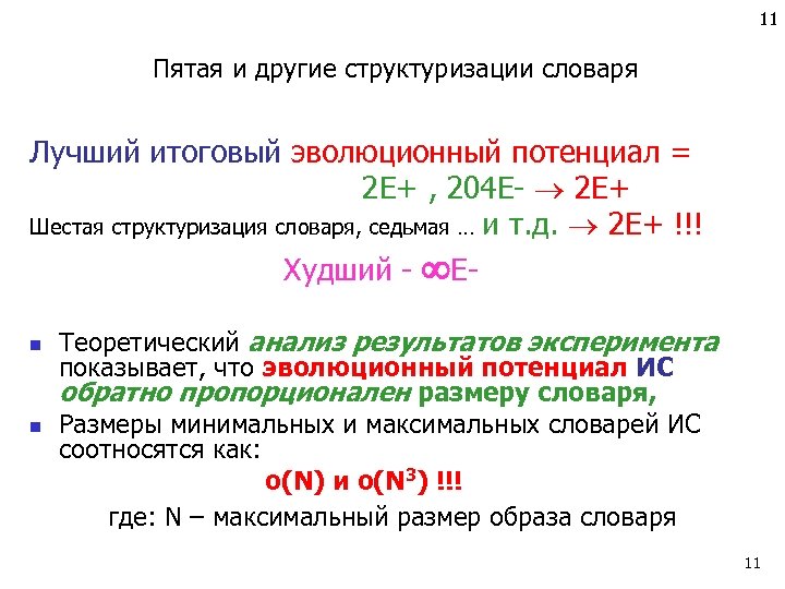 11 Пятая и другие структуризации словаря Лучший итоговый эволюционный потенциал = 2 E+ ,