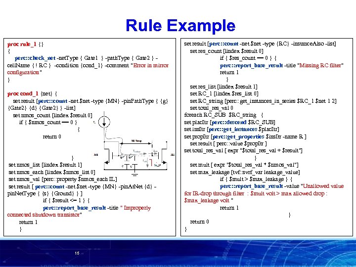 Rule Example proc rule_1 {} { perc: : check_net -net. Type { Gate 1