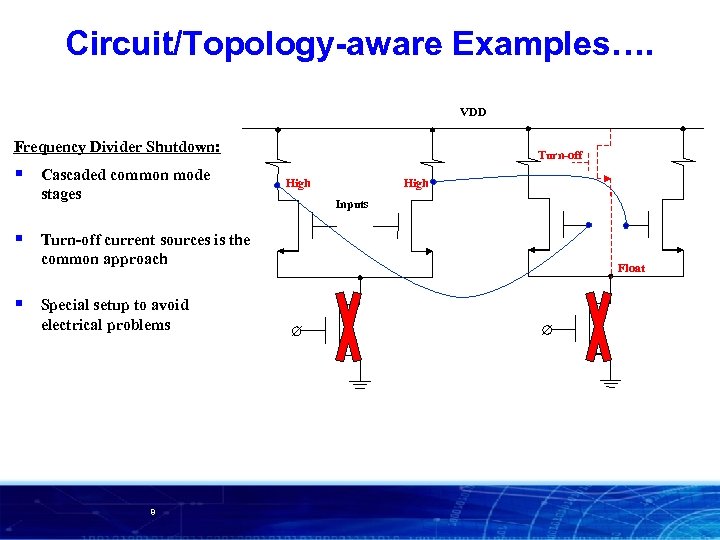 Circuit/Topology-aware Examples…. VDD Frequency Divider Shutdown: § § § Cascaded common mode stages Turn-off