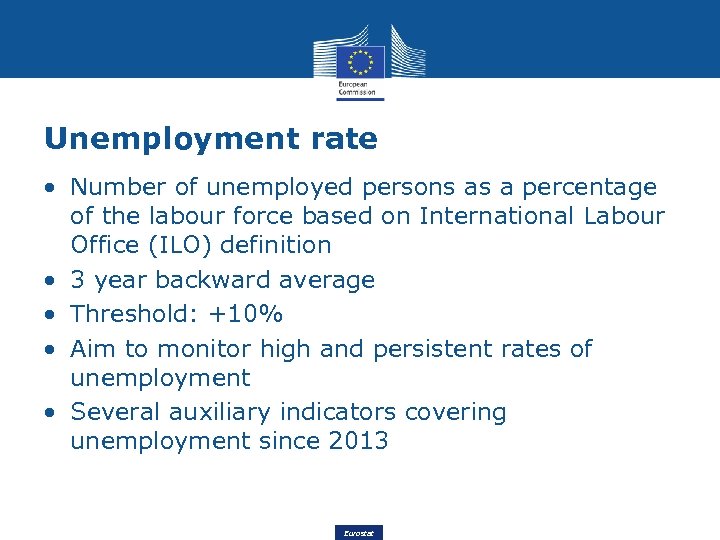 Unemployment rate • Number of unemployed persons as a percentage of the labour force