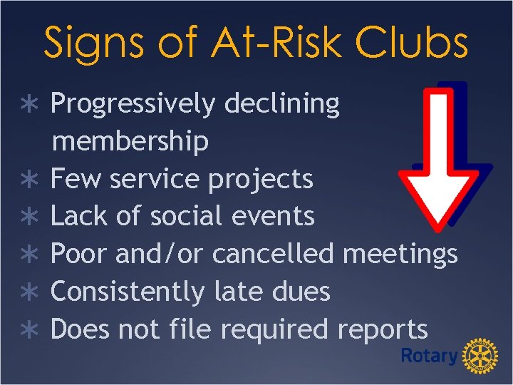 Signs of At-Risk Clubs Ü Progressively declining Ü Ü Ü membership Few service projects