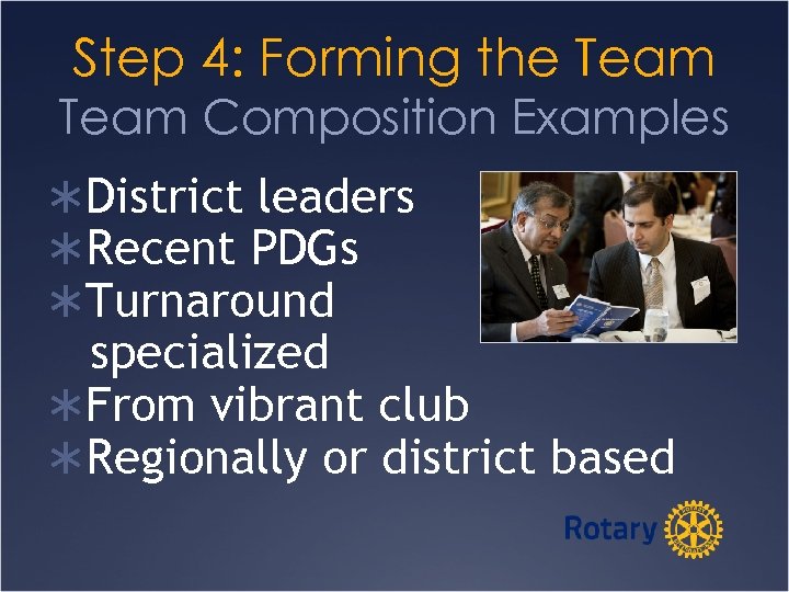 Step 4: Forming the Team Composition Examples ÜDistrict leaders ÜRecent PDGs ÜTurnaround specialized ÜFrom